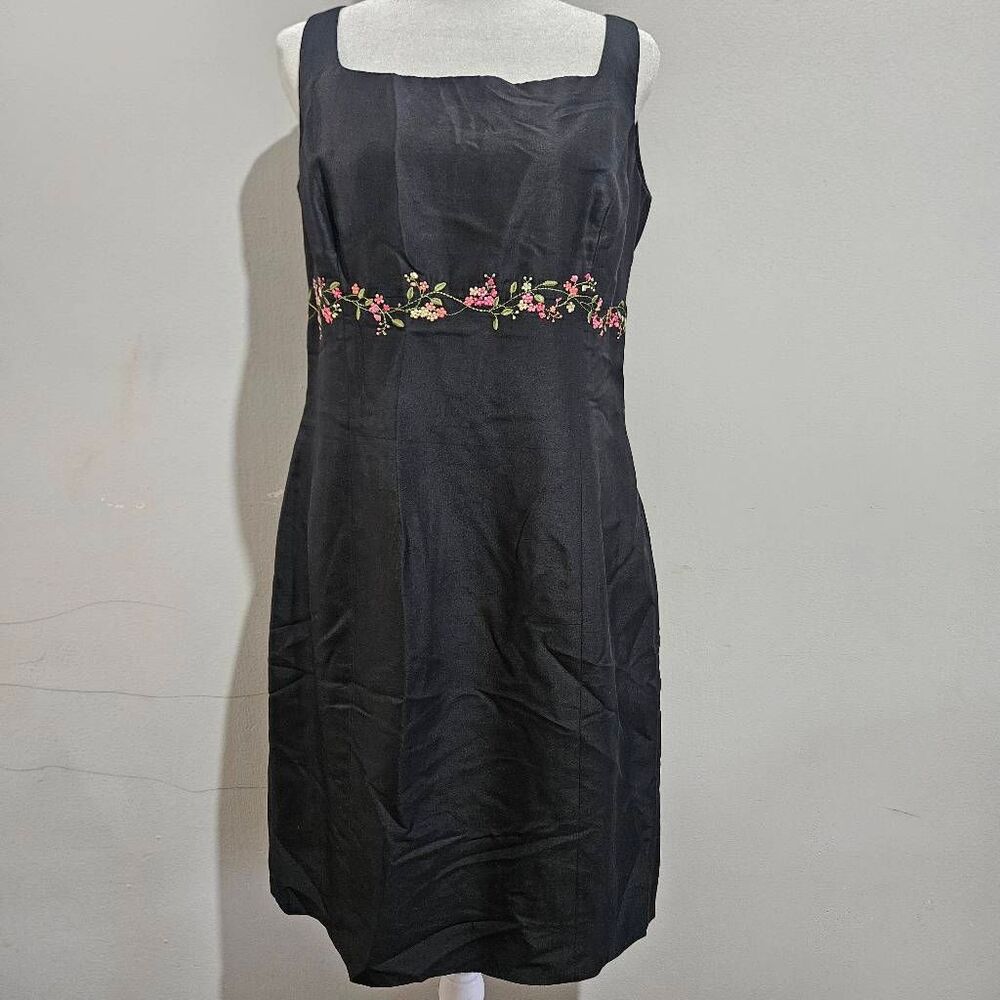 Ann Taylor Vintage Black Silk Dress with Floral Detail, Size 10